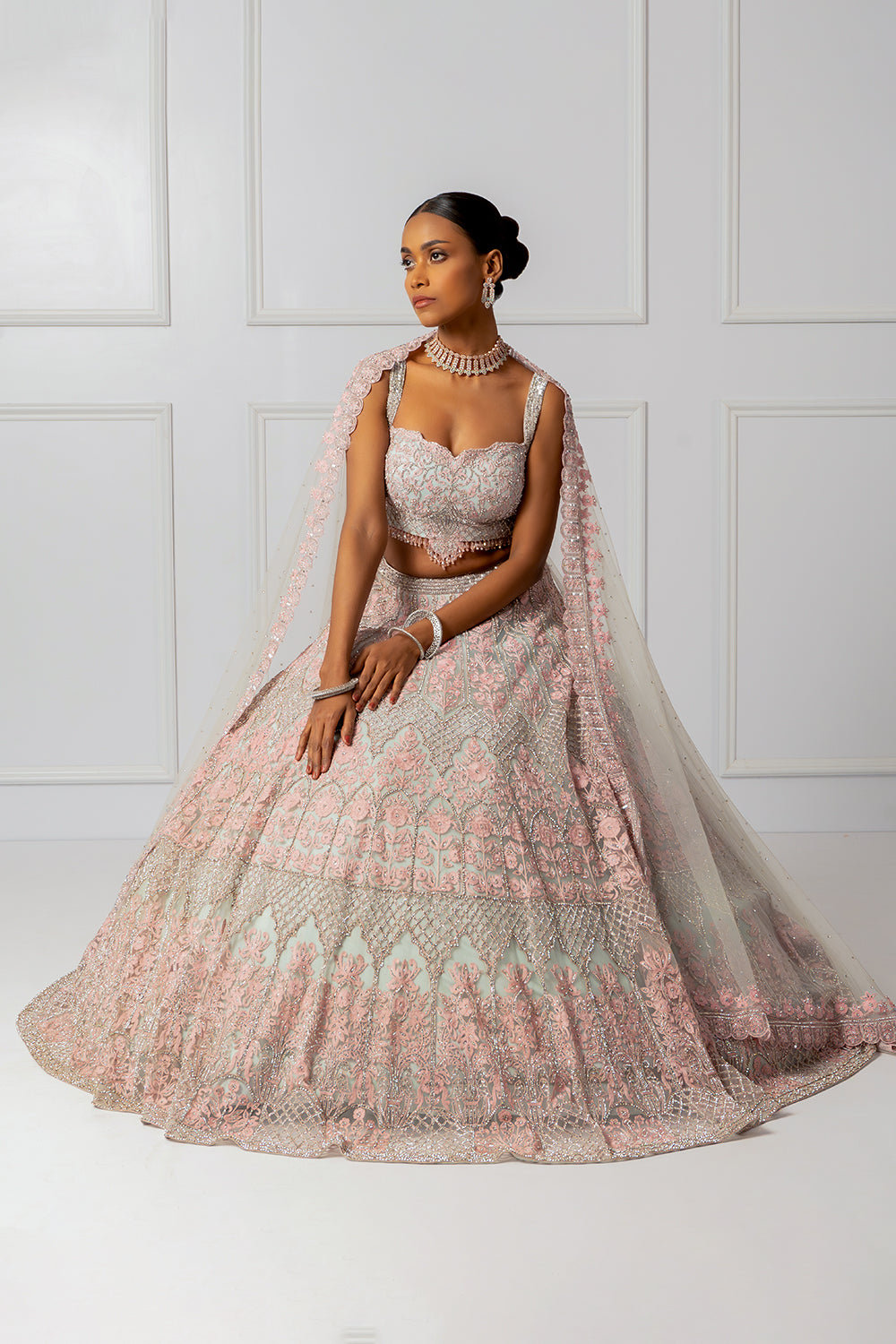 Blue and pink embroidered lehenga set