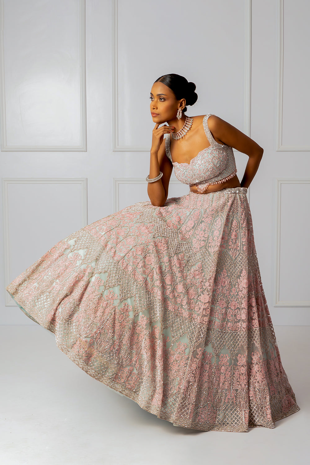 Blue and pink embroidered lehenga set