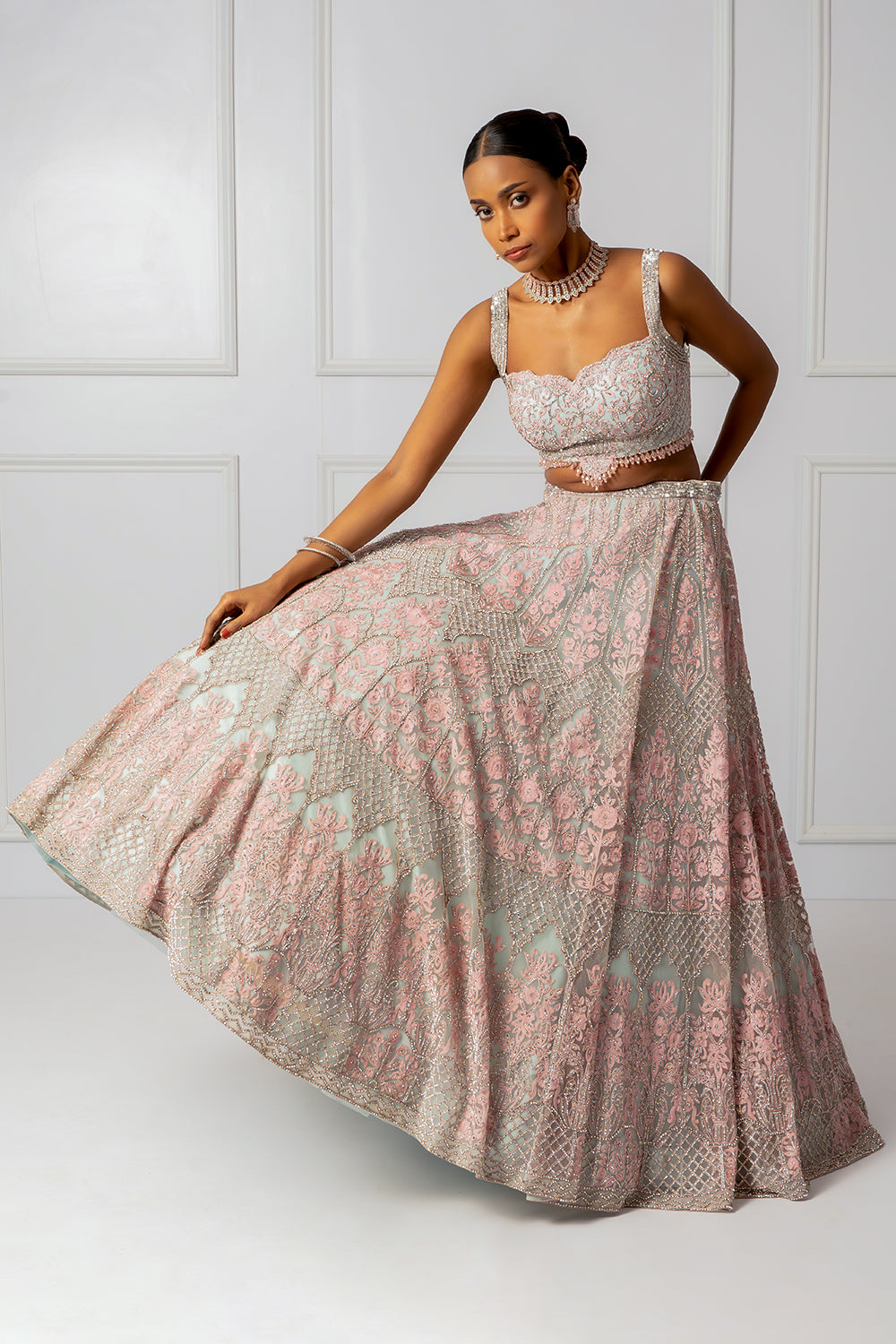 Blue and pink embroidered lehenga set