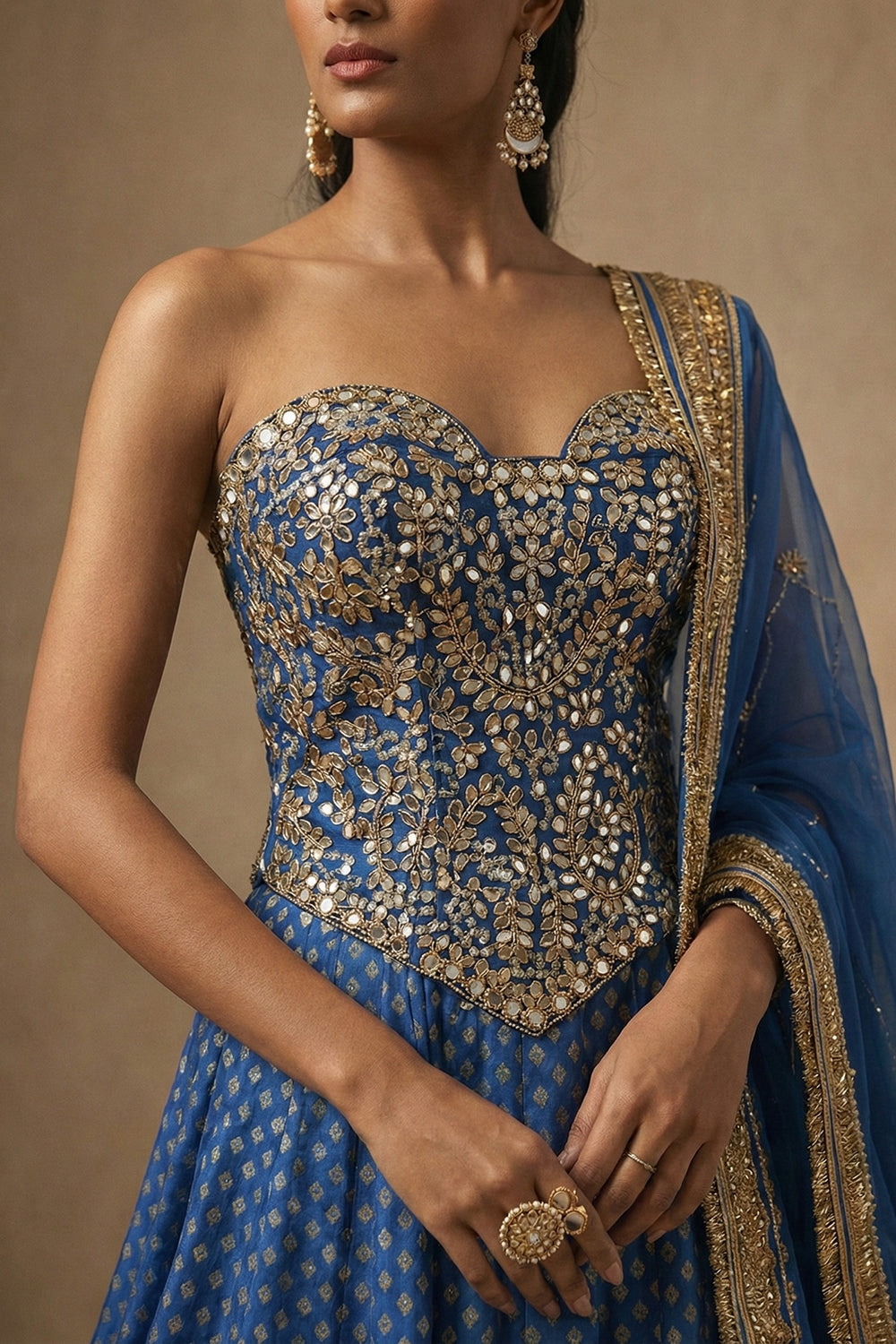 Blue Banarasi silk Lehenga’s set with hand embroidered corset