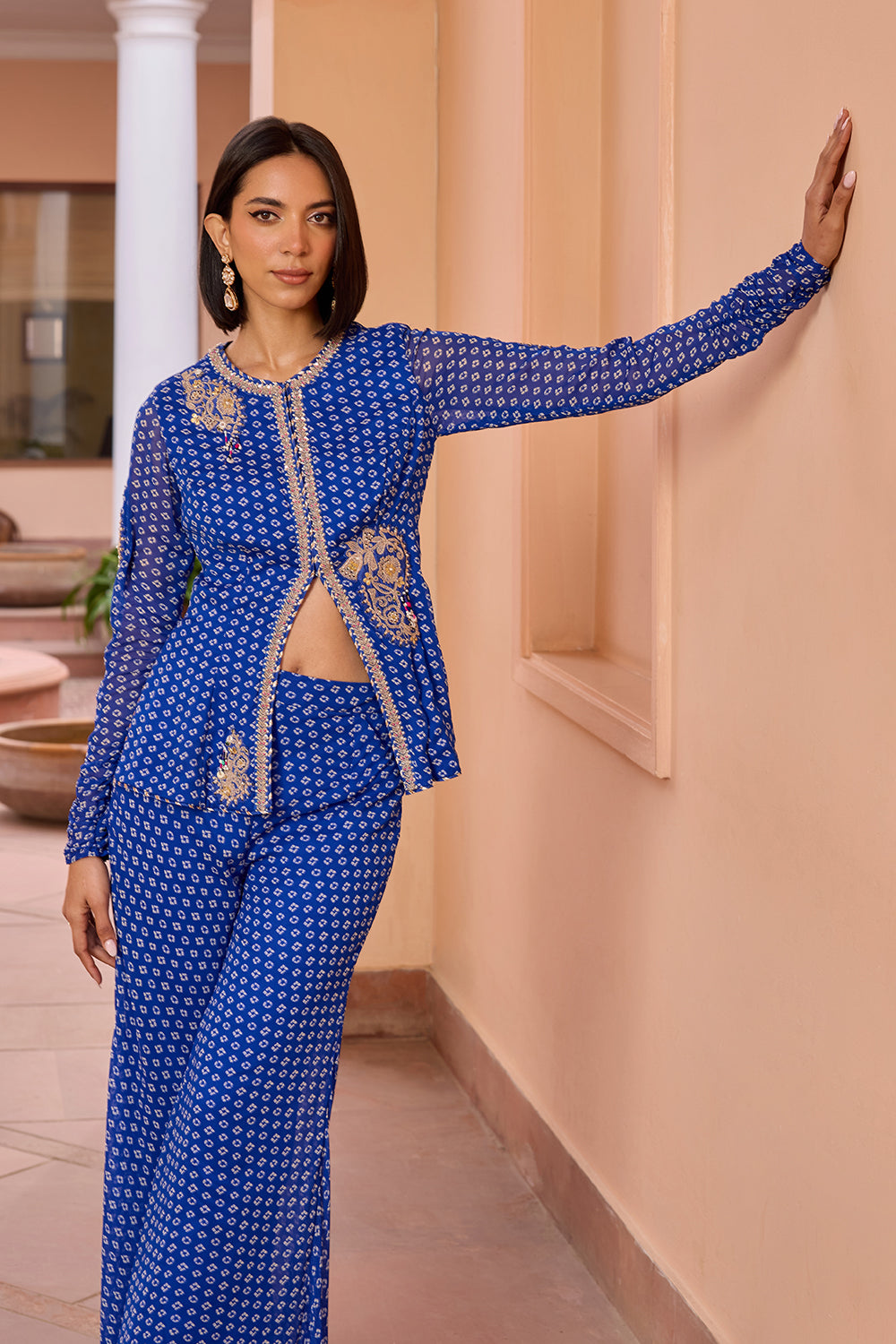 Blue bandhani embroidered sharara pant and top set