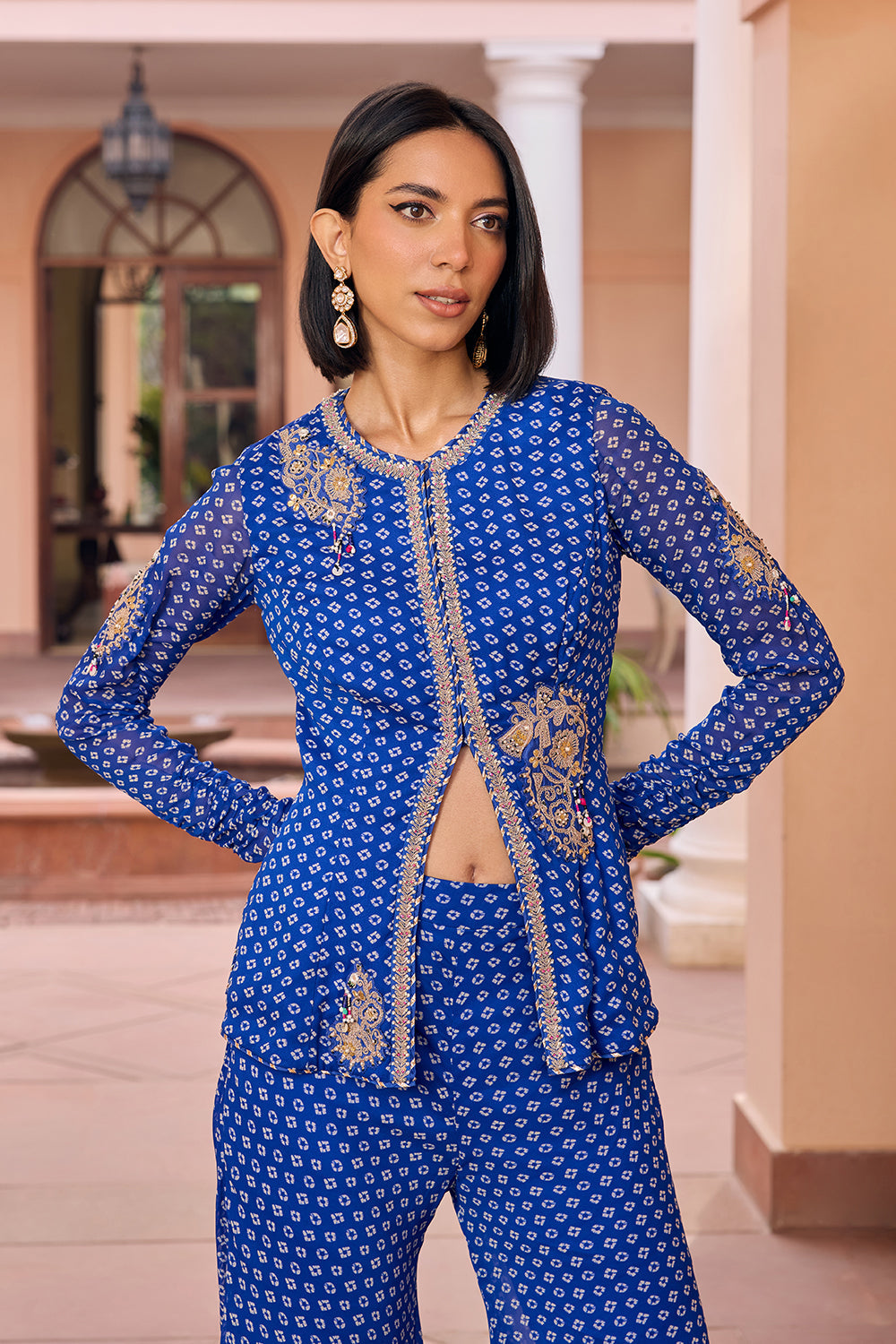 Blue bandhani embroidered sharara pant and top set