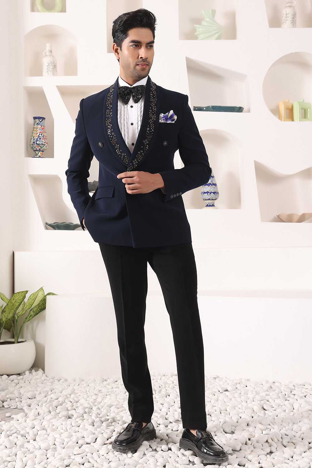 Blue Doublebreast Tuxedo with embroidered collar