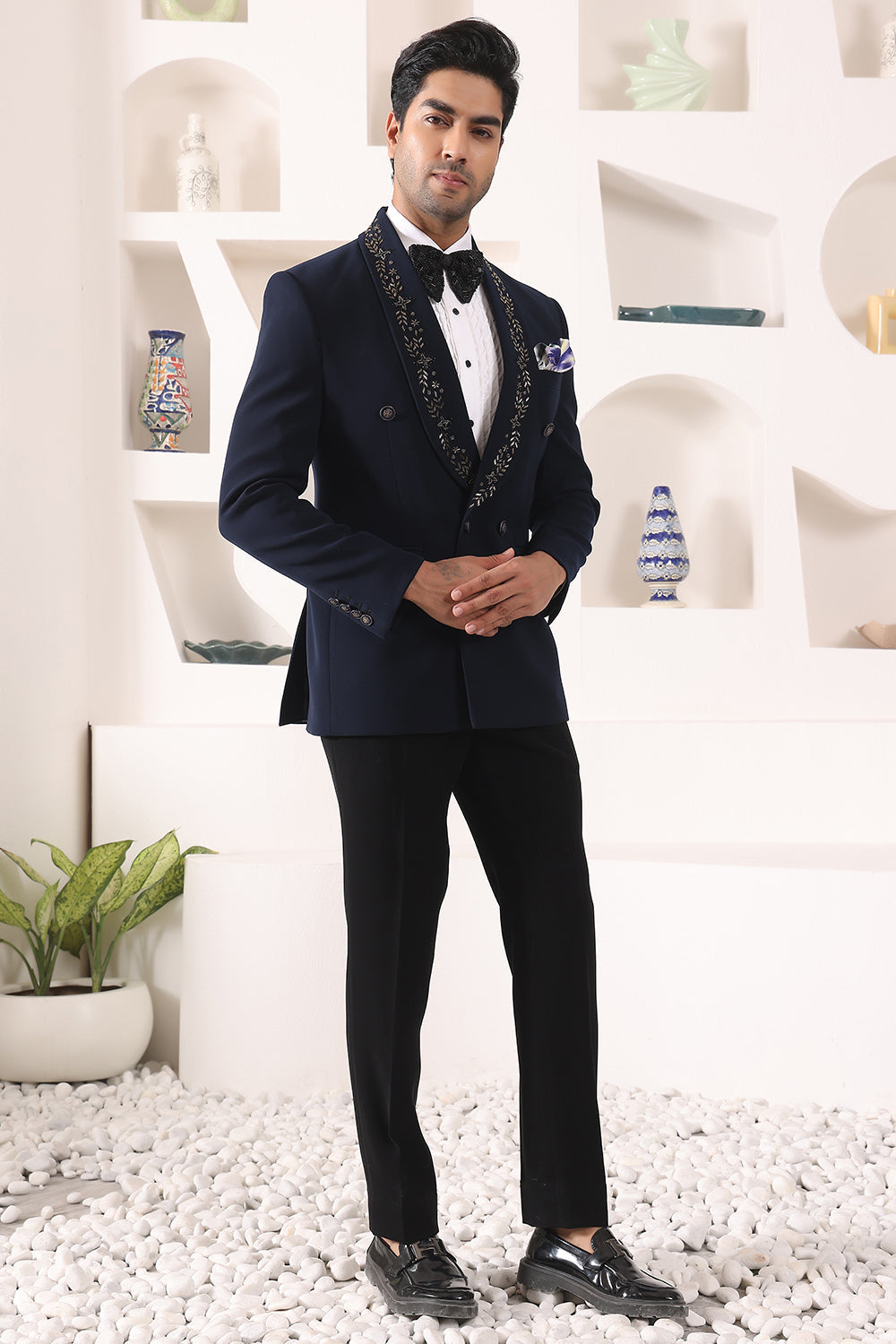 Blue Doublebreast Tuxedo with embroidered collar