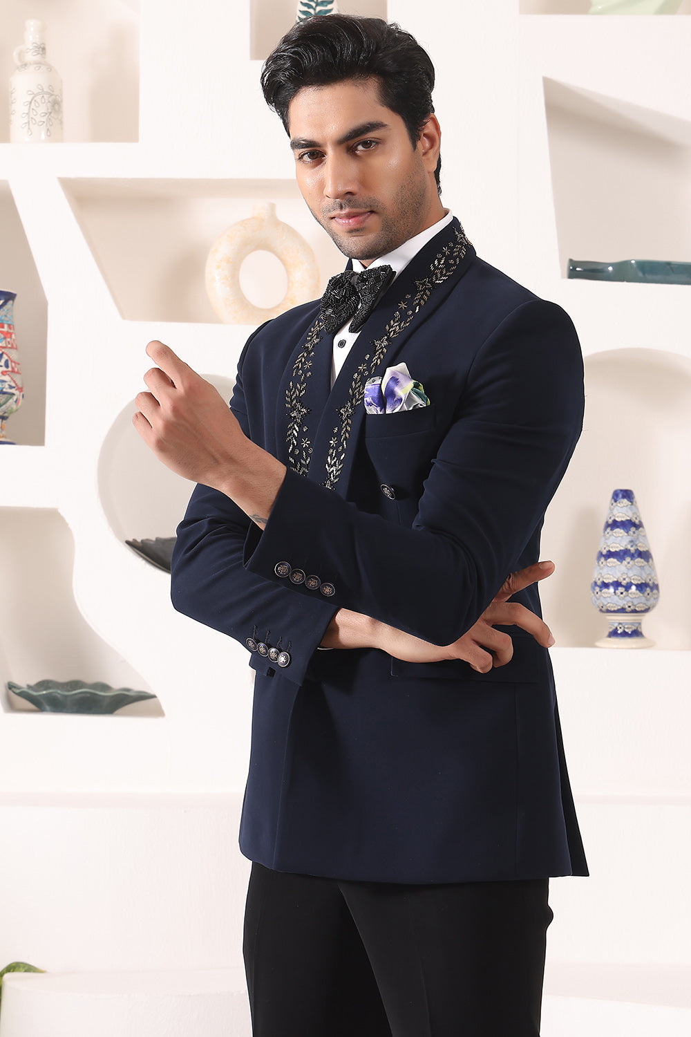 Blue Doublebreast Tuxedo with embroidered collar