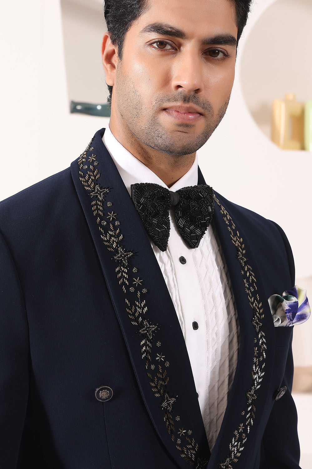 Blue Doublebreast Tuxedo with embroidered collar