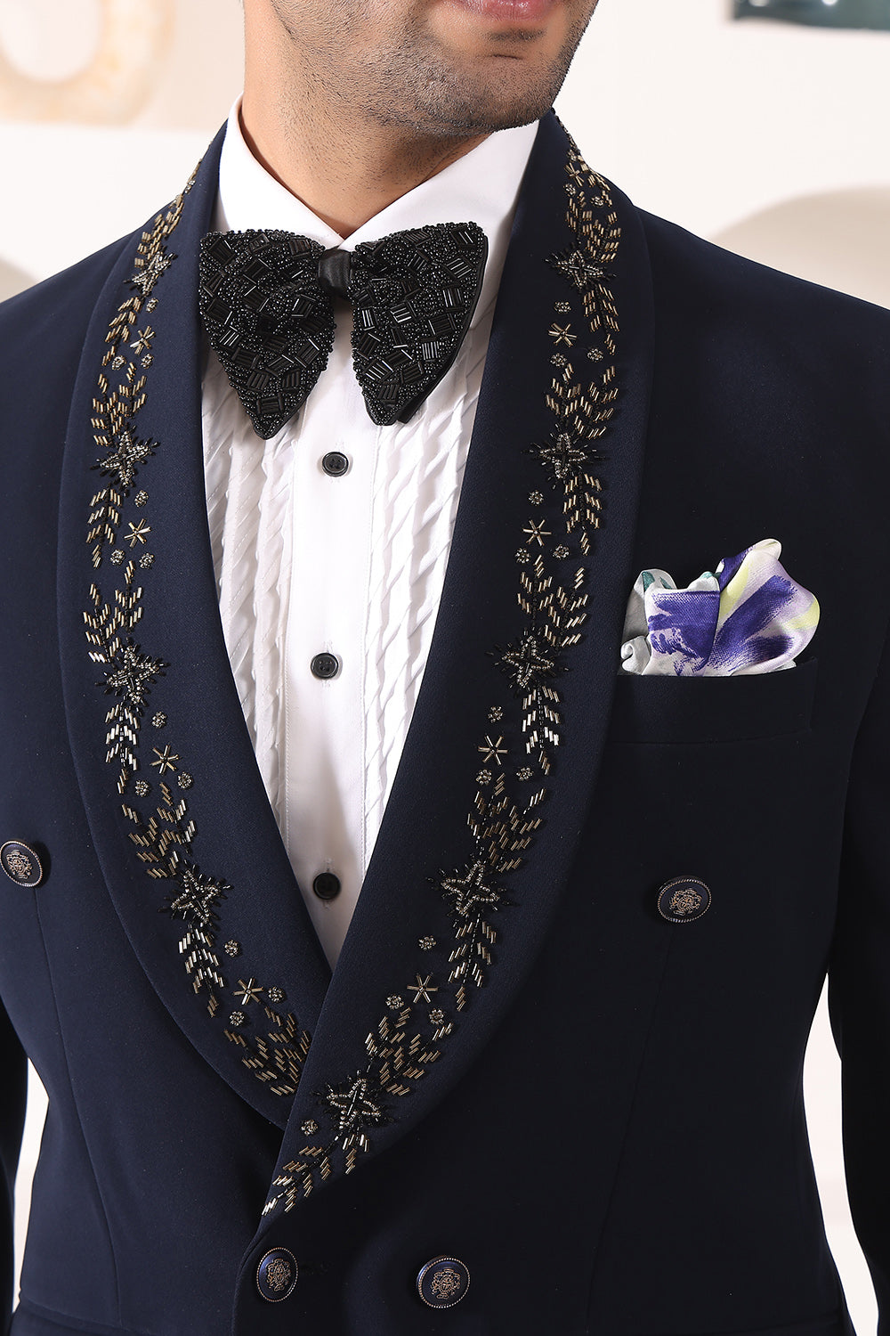 Blue Doublebreast Tuxedo with embroidered collar