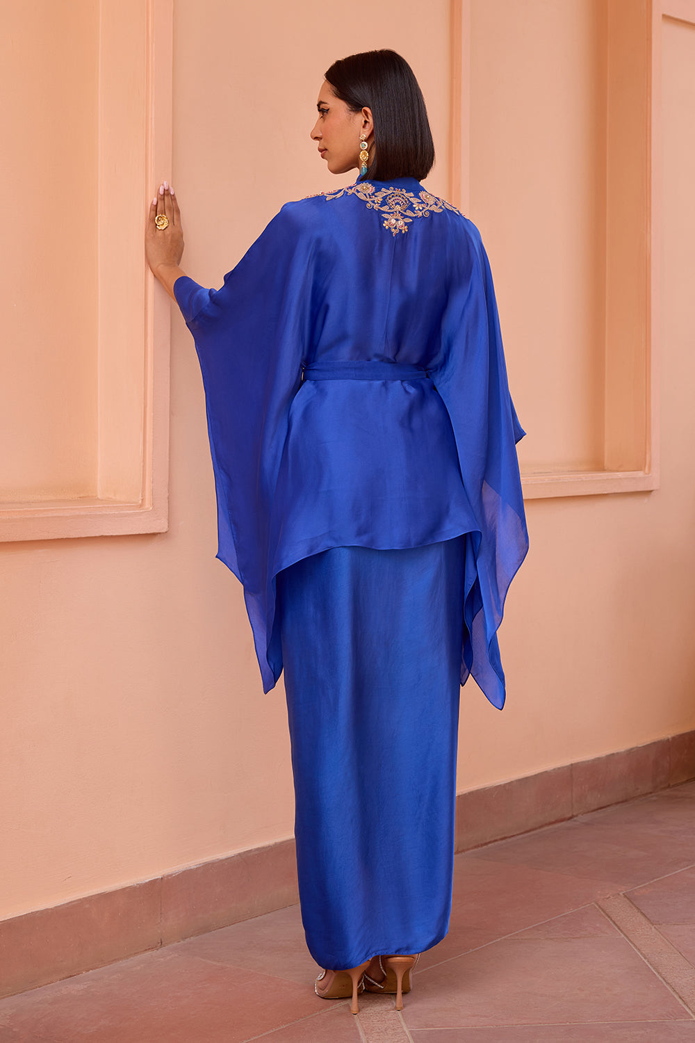 Blue embroidered kimono top with drape skirt and belt