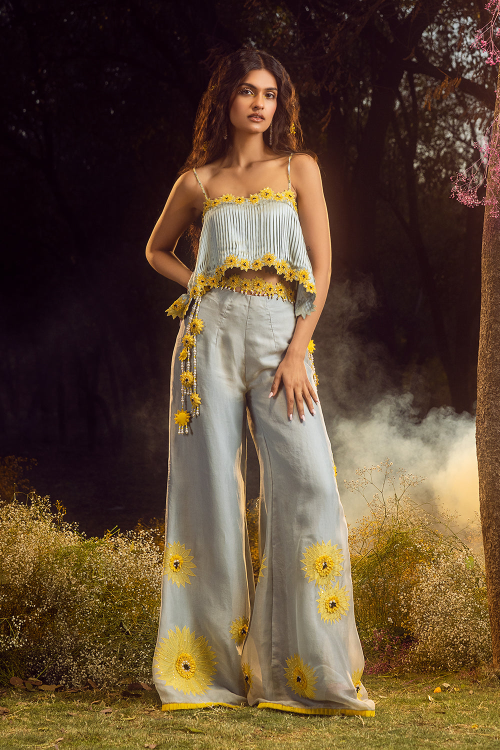 Blue Grey Palazzo With Pleated Crop Top With Belt