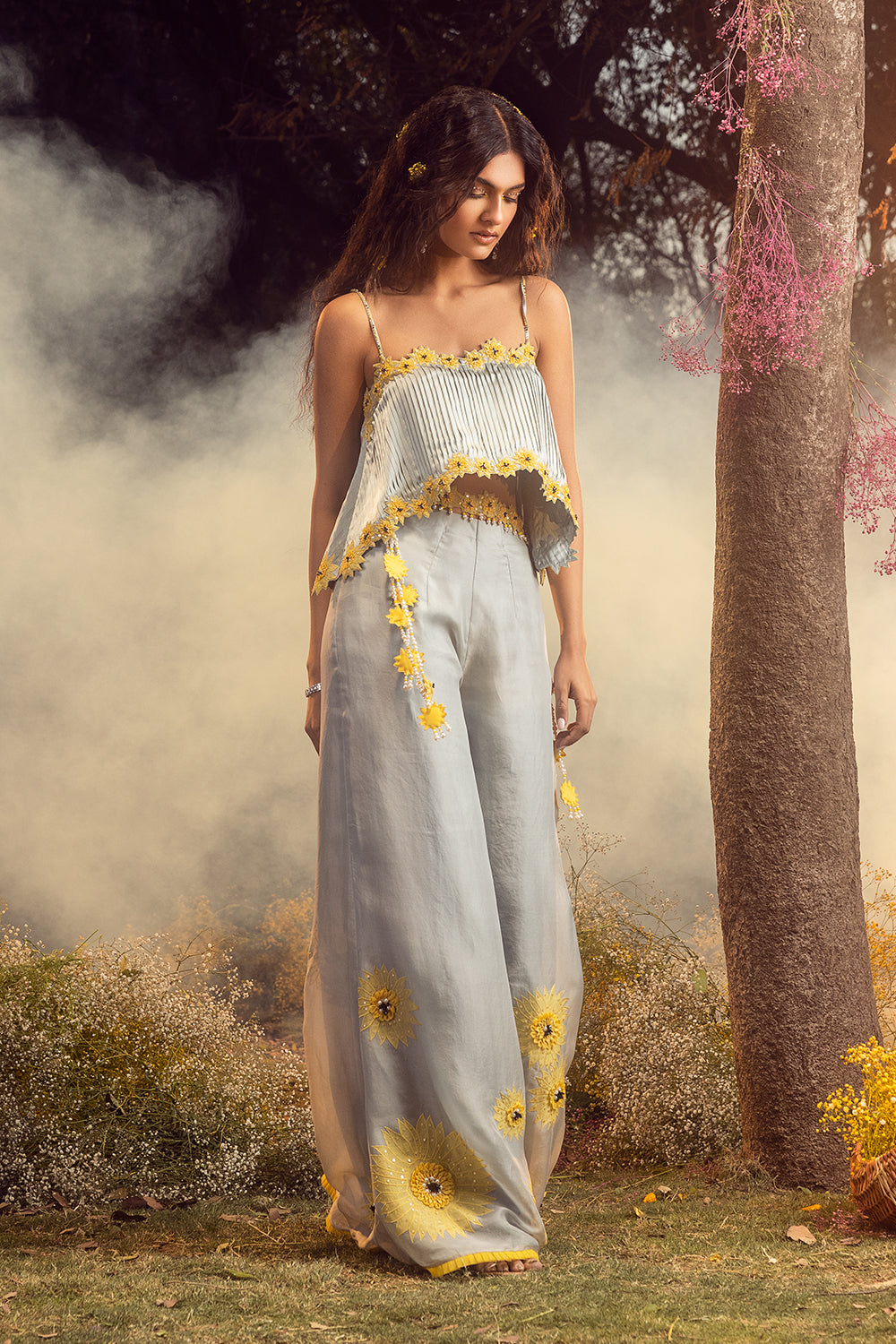 Blue Grey Palazzo With Pleated Crop Top With Belt