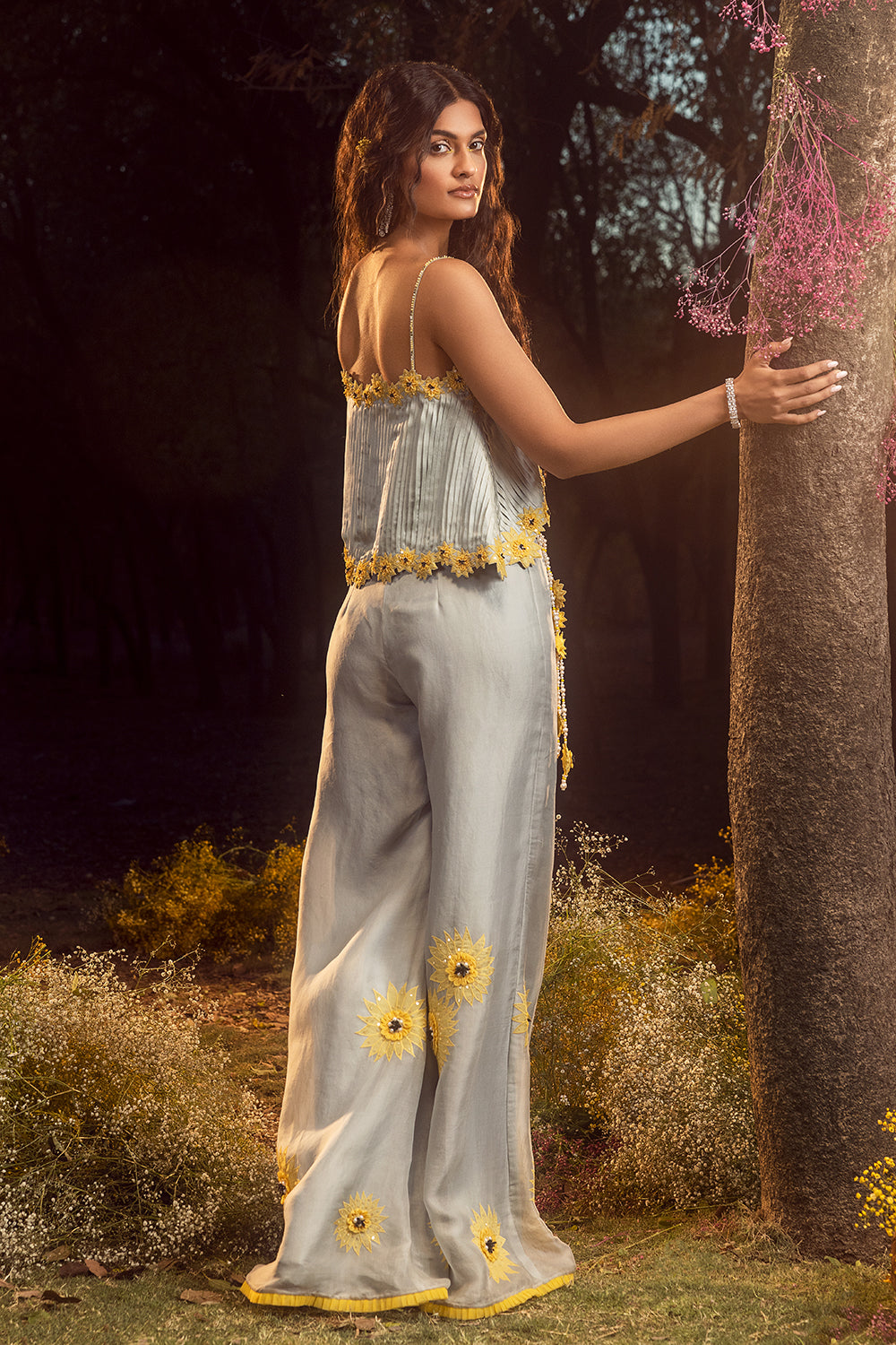 Blue Grey Palazzo With Pleated Crop Top With Belt