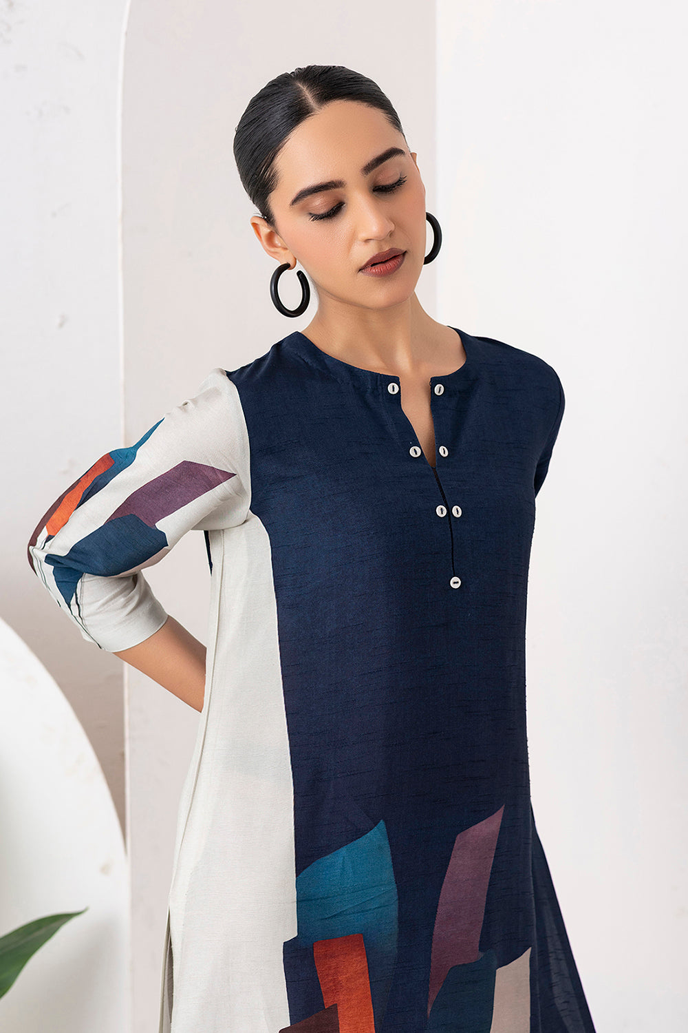 Blue & Ivory Viscose Dupion Printed Tunic