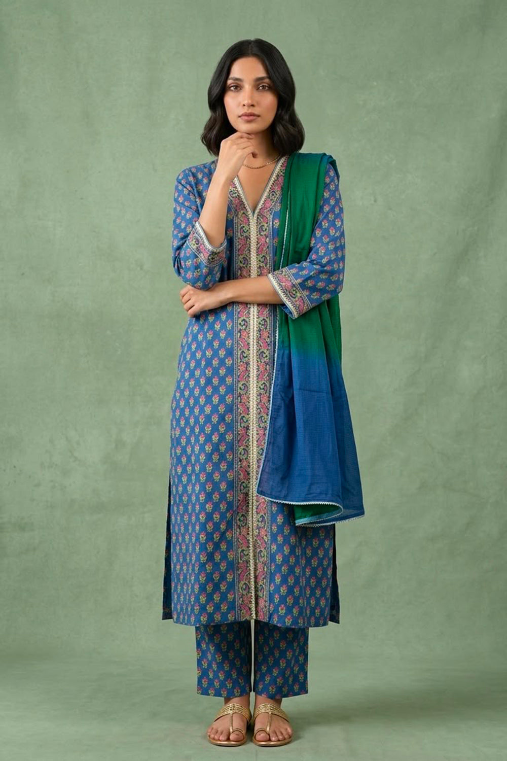 Blue kurta set paired with shaded dupatta