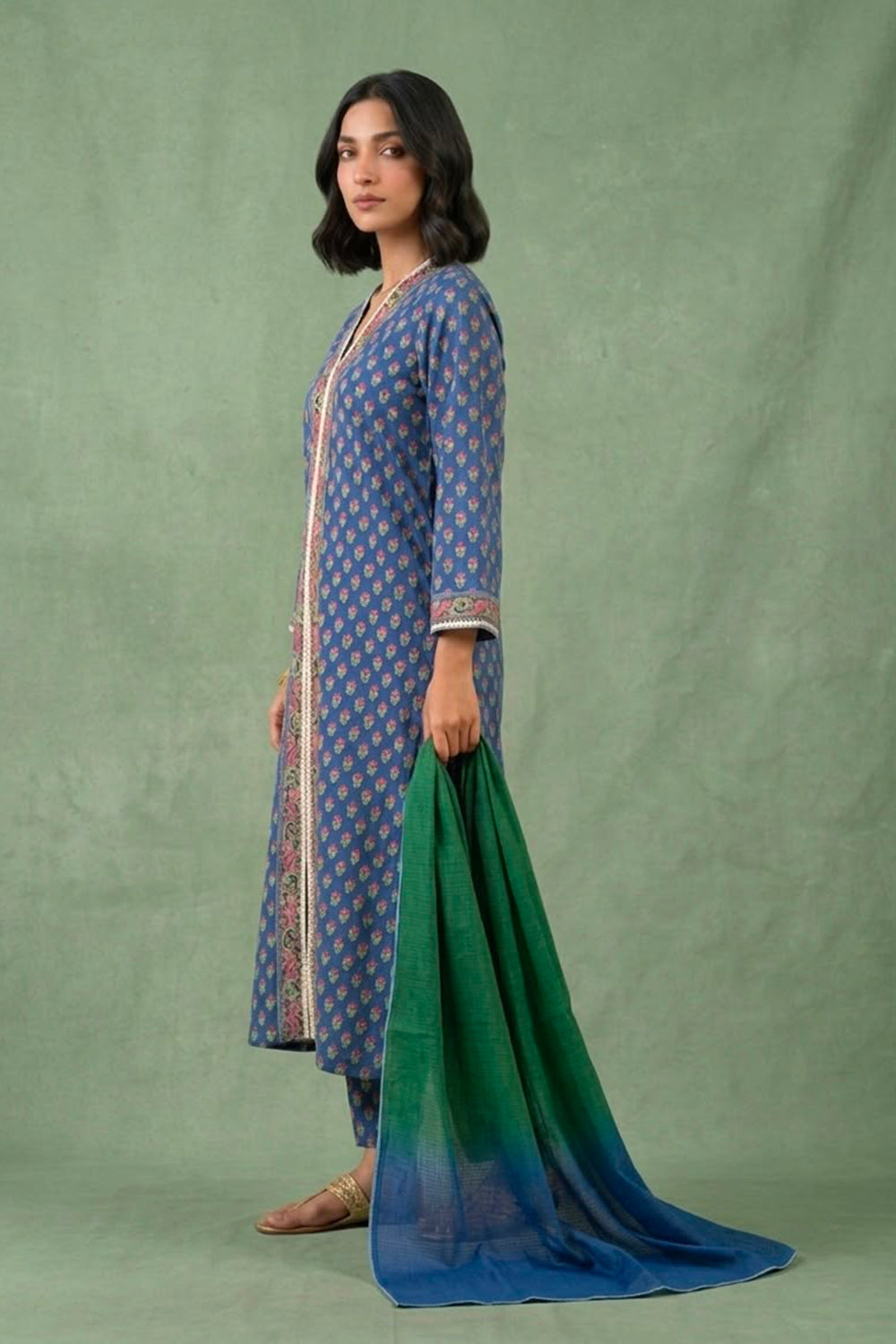 Blue kurta set paired with shaded dupatta