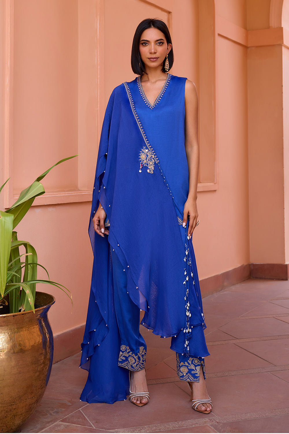 Blue linen satin kurta set with cape