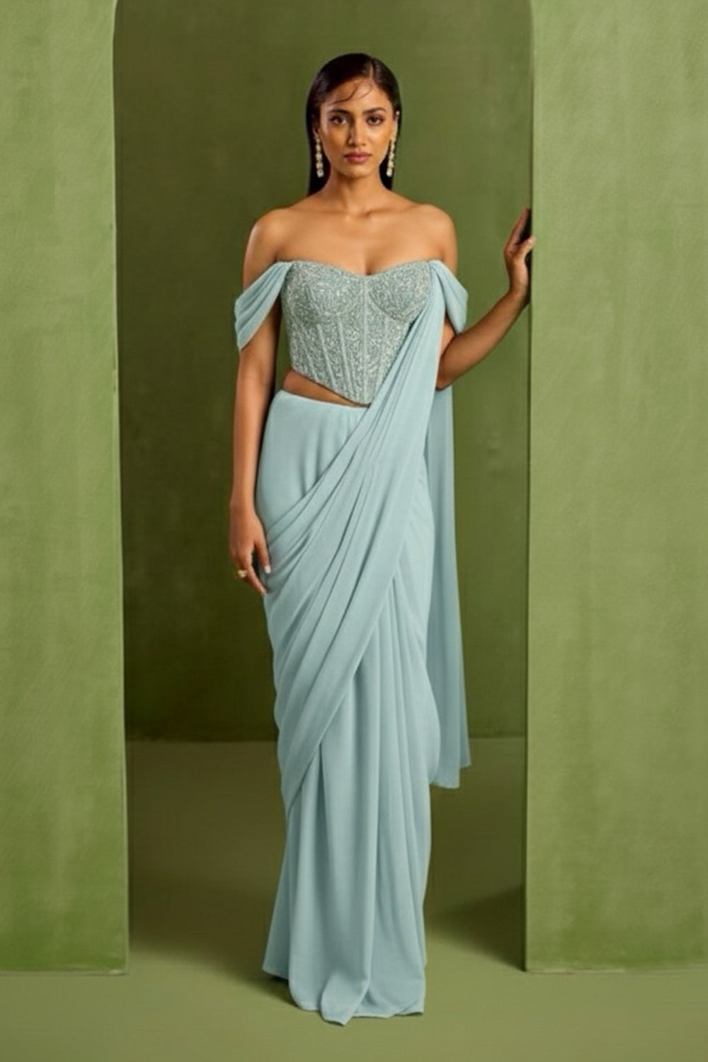 Blue Pre Draped Saree Set