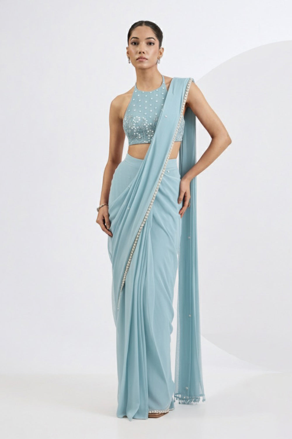 Blue Pre Draped Saree Set