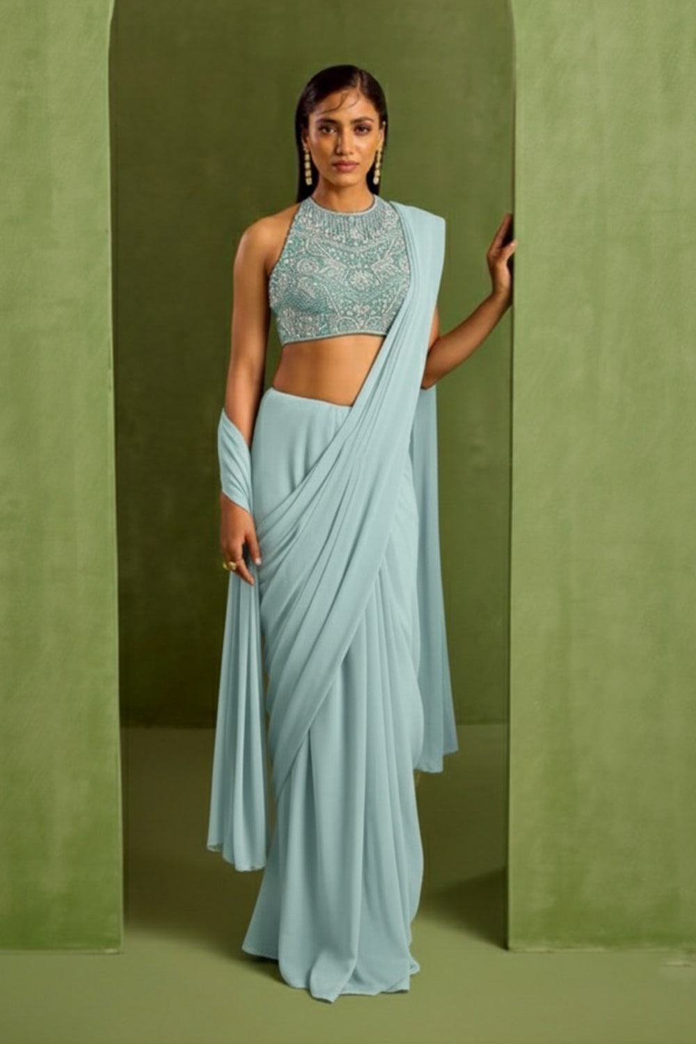 Blue Pre Draped Saree Set