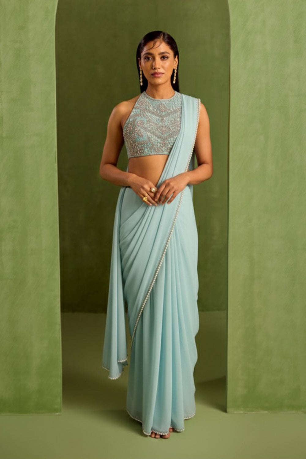 Blue Pre Draped Saree Set