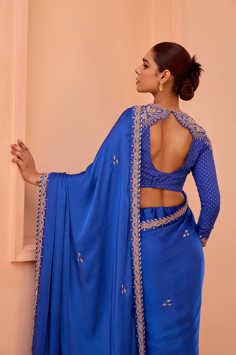 Blue pure satin embroidered saree set