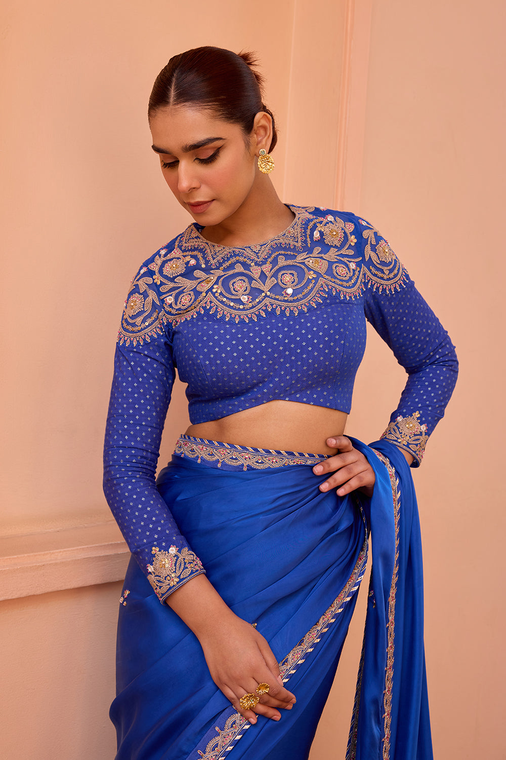 Blue pure satin embroidered saree set
