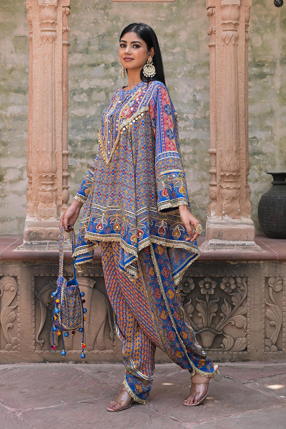 Blue Viscose Crepe Suit Set with Tulip Pants – Festive Chic