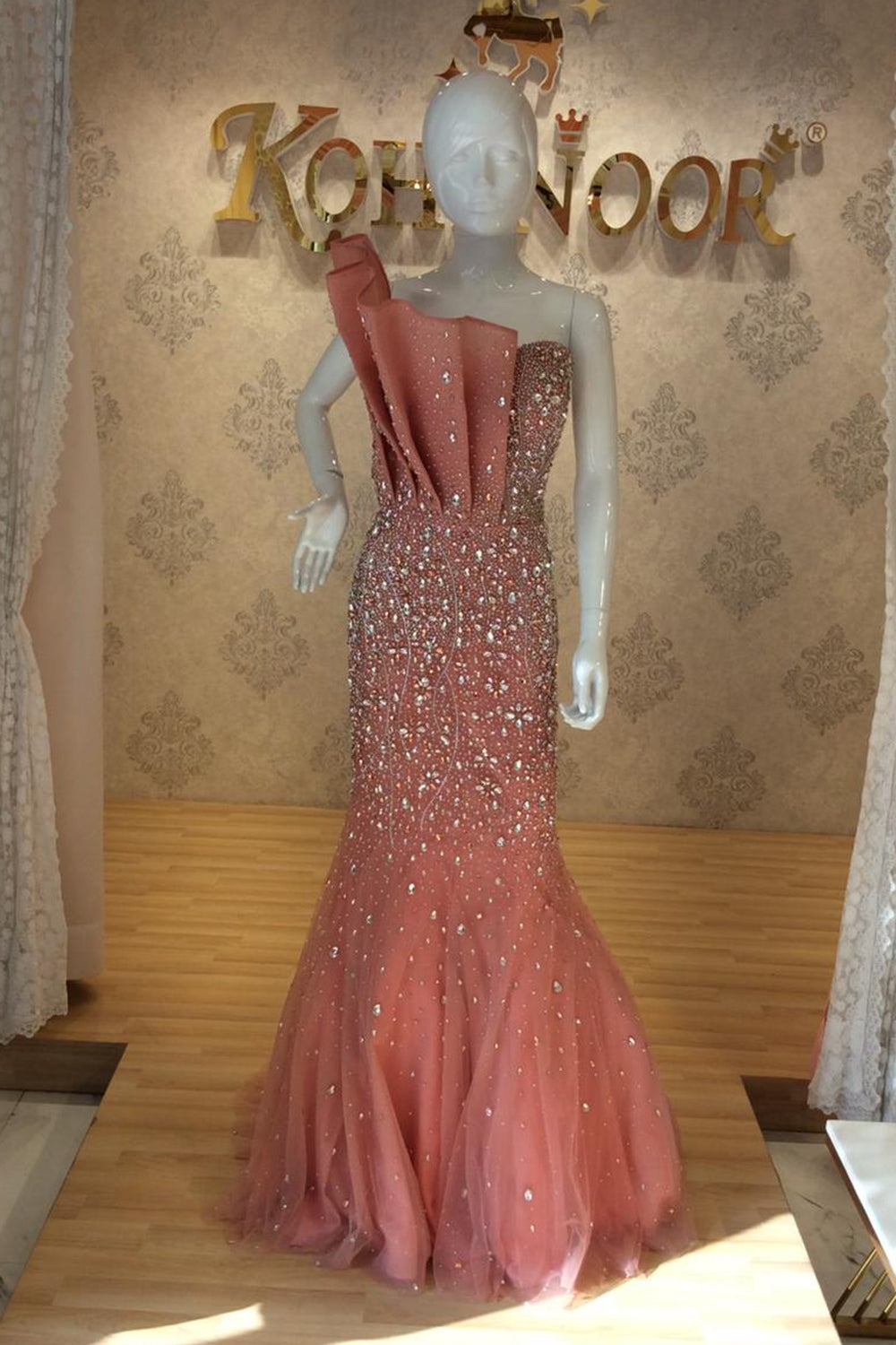 Blush Pearl-Embellished One-Shoulder Mermaid Gown