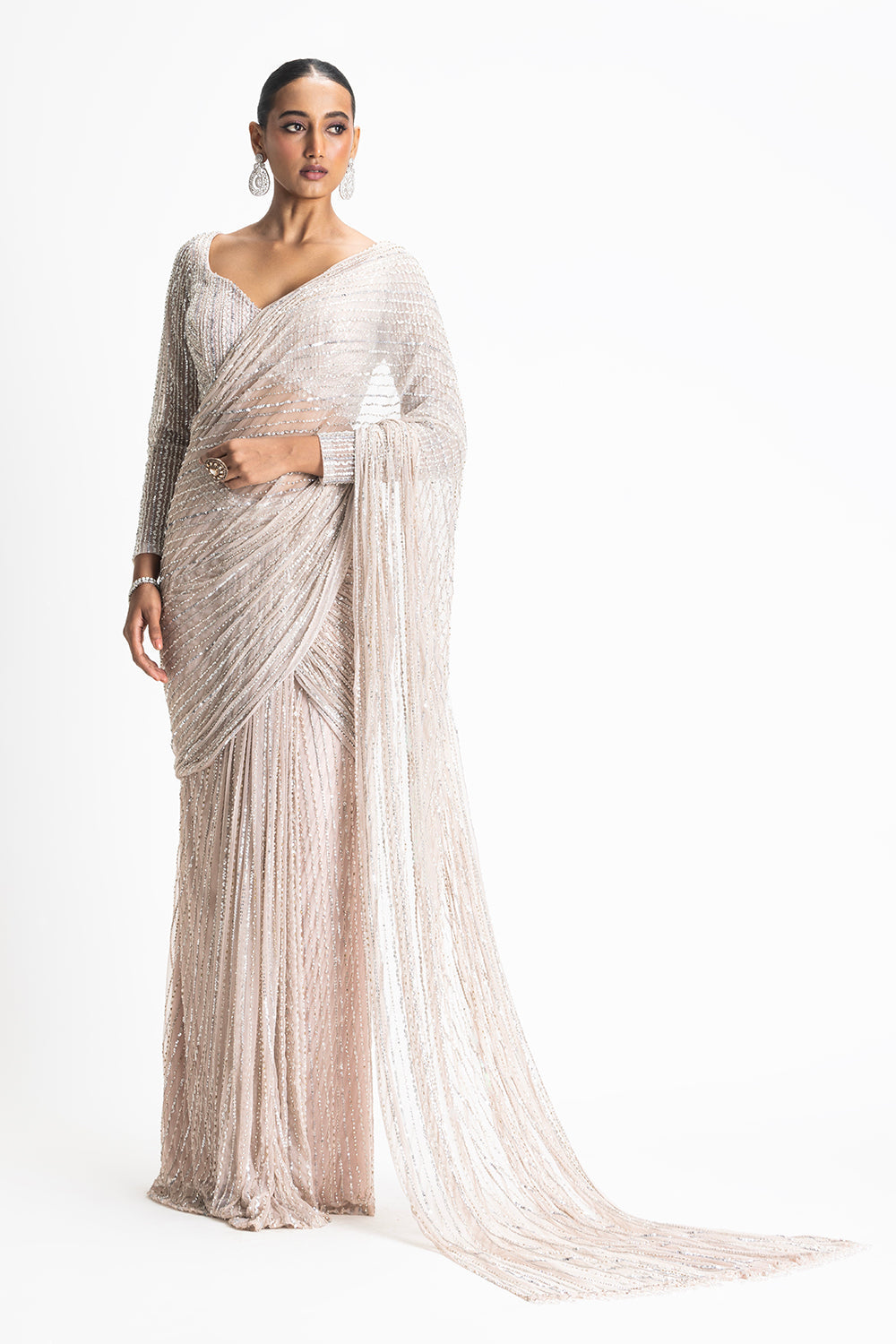 Blush Pink Net Draped Saree