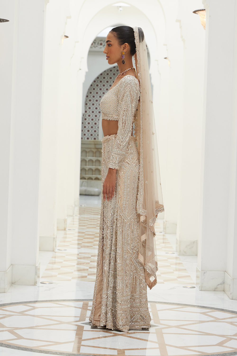 Blush Pink Panelled Net Skirt With Front Slit With Blouse