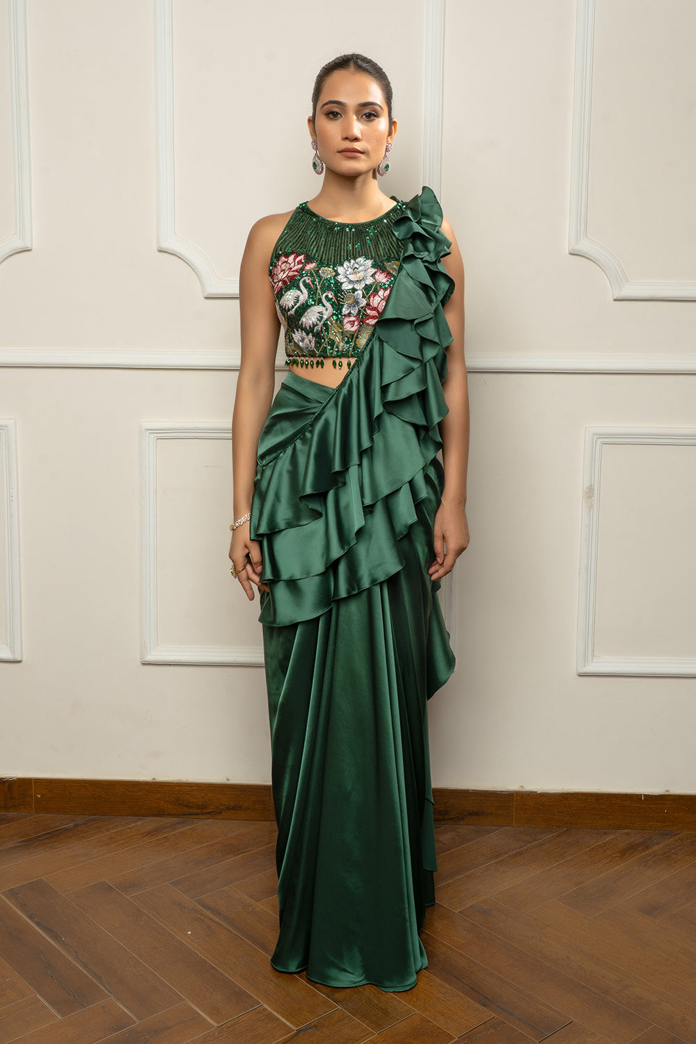 Bottle green drape saree set