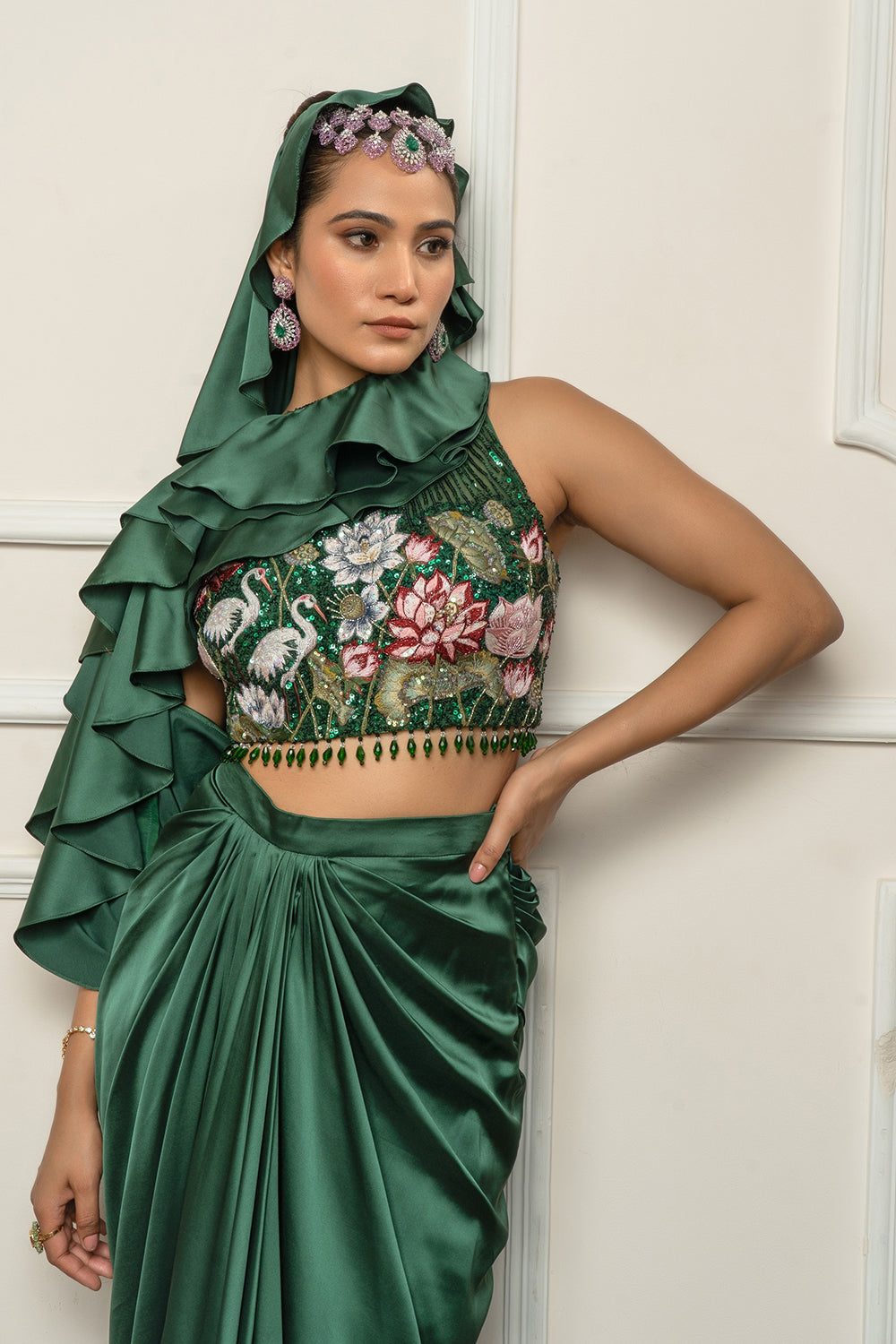 Bottle green drape saree set