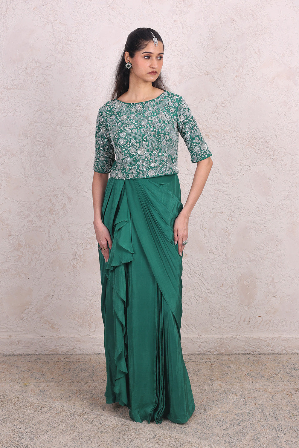 Bottle Green Draped Skirt with Embellised Top Set