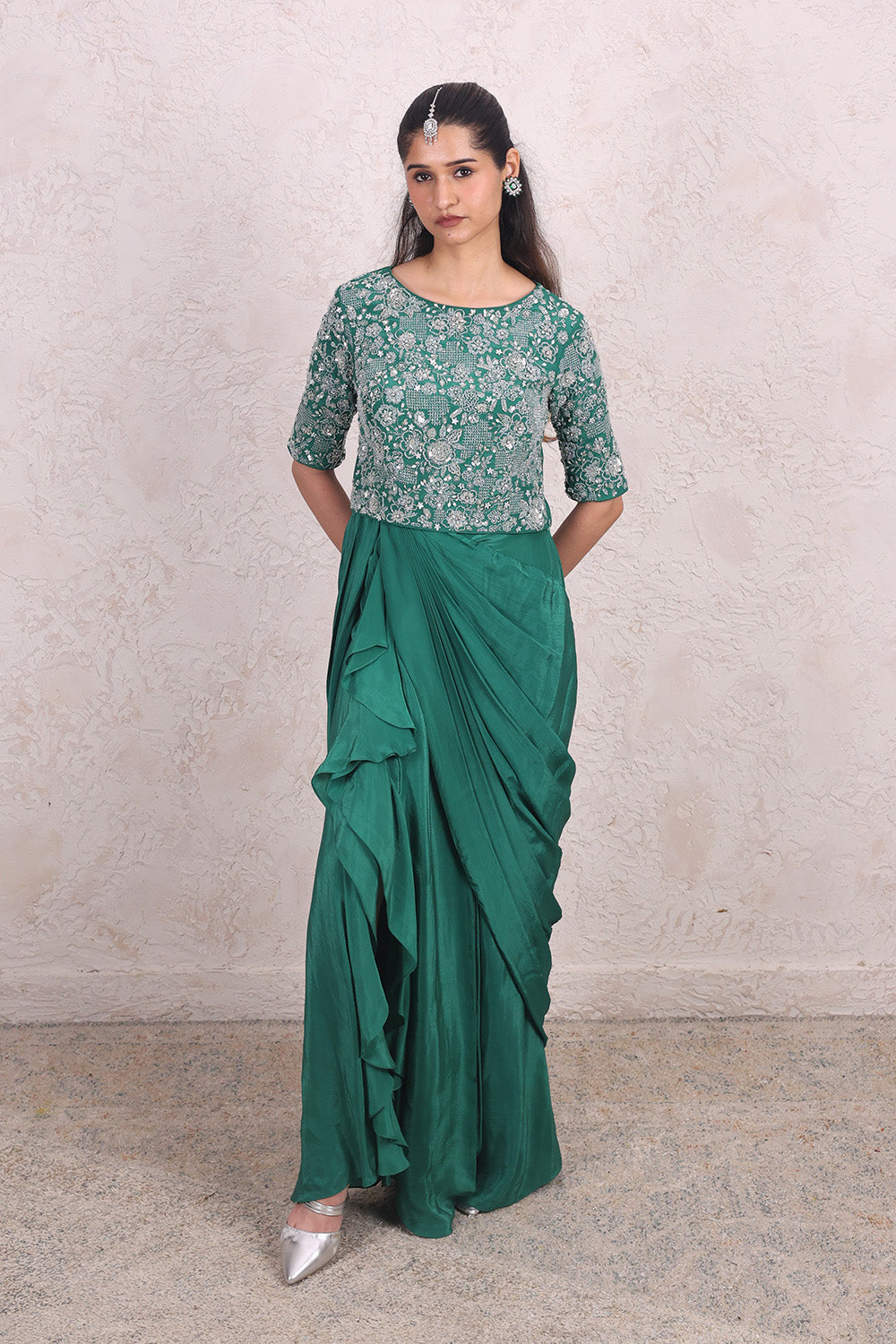 Bottle Green Draped Skirt with Embellised Top Set