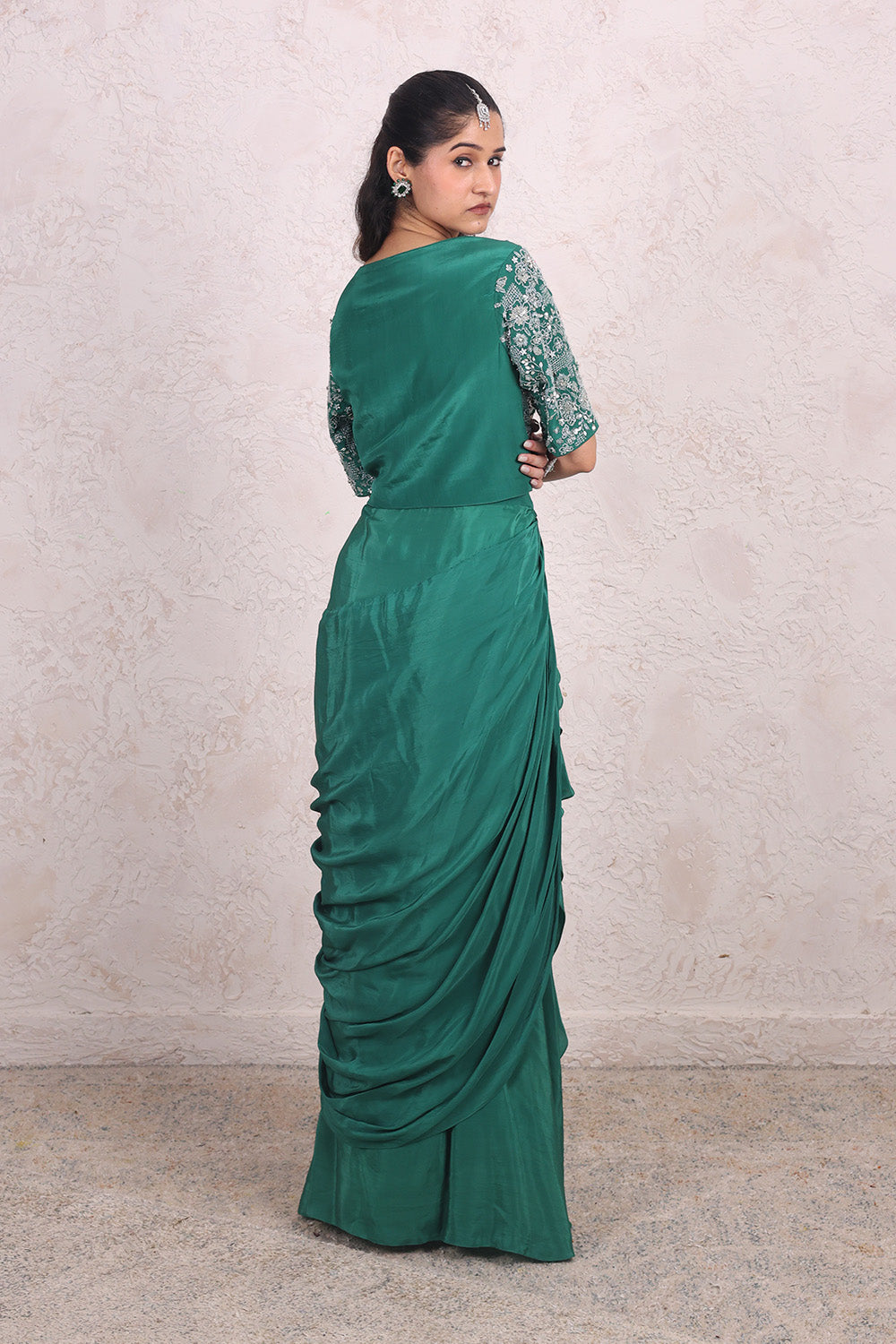Bottle Green Draped Skirt with Embellised Top Set