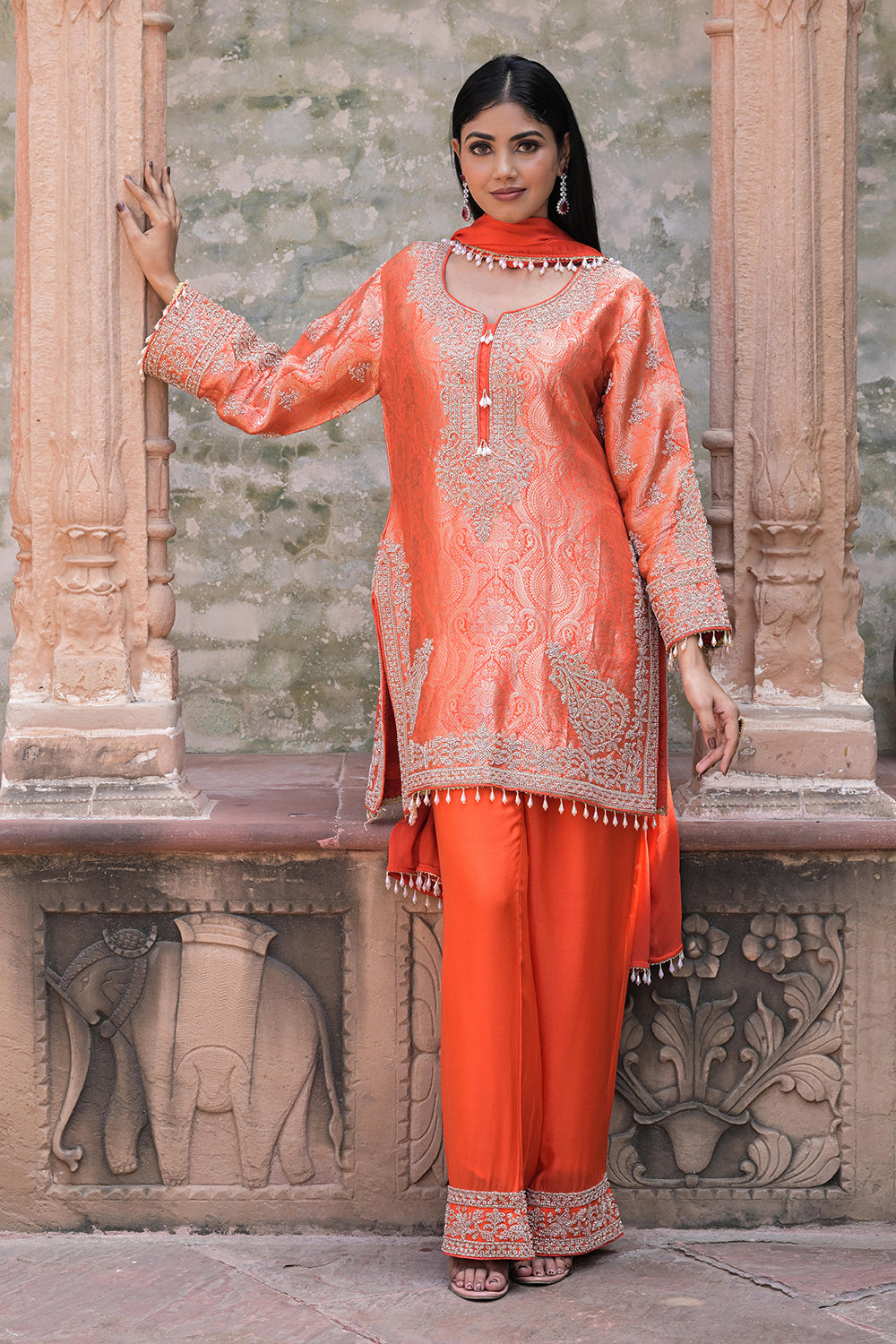 Bright Orange Brocade Kurti Pant Set Stylish Ethnic Look