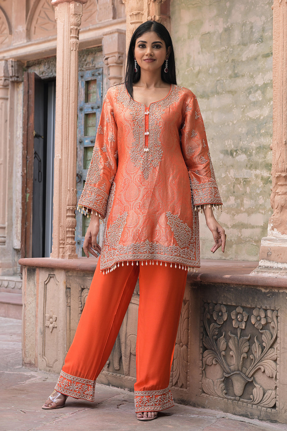 Bright Orange Brocade Kurti Pant Set Stylish Ethnic Look