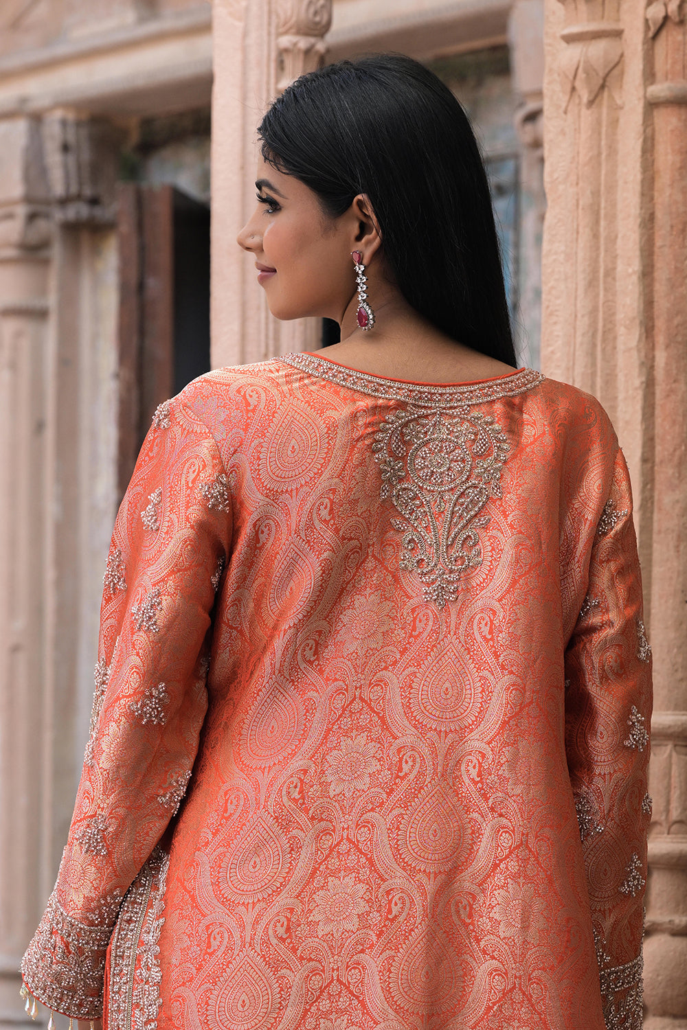 Bright Orange Brocade Kurti Pant Set Stylish Ethnic Look