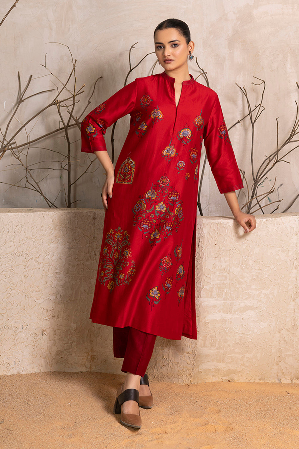 Bright Red Silk Chanderi Printed Tunic