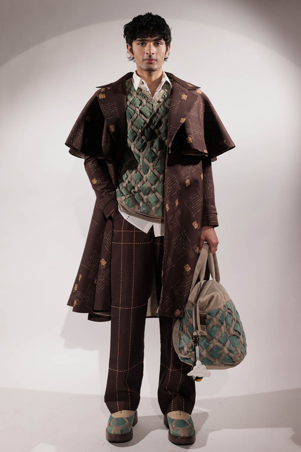 Brown postcard-print flared trench coat