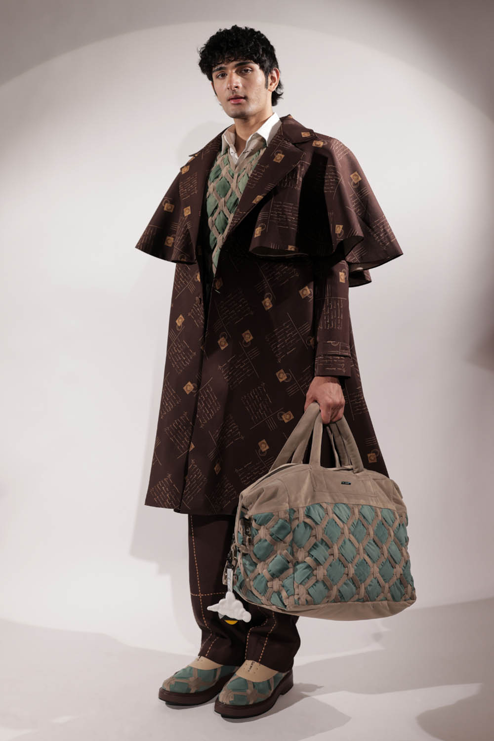 Brown postcard-print flared trench coat
