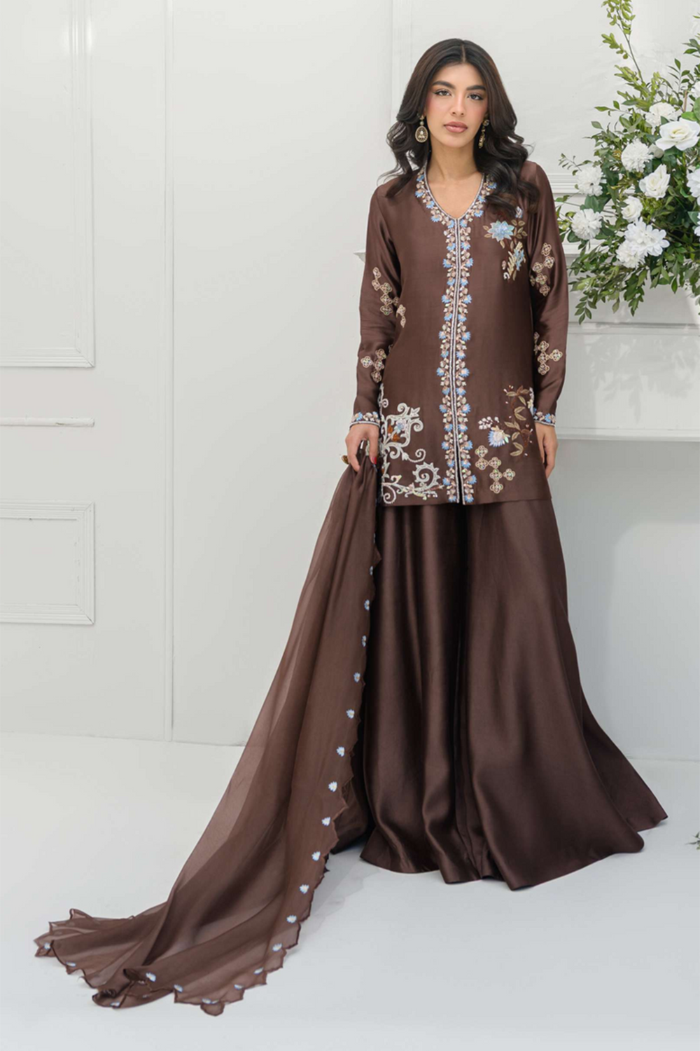 Brown Silk Embroidered Kurta Sharara Suit Sets