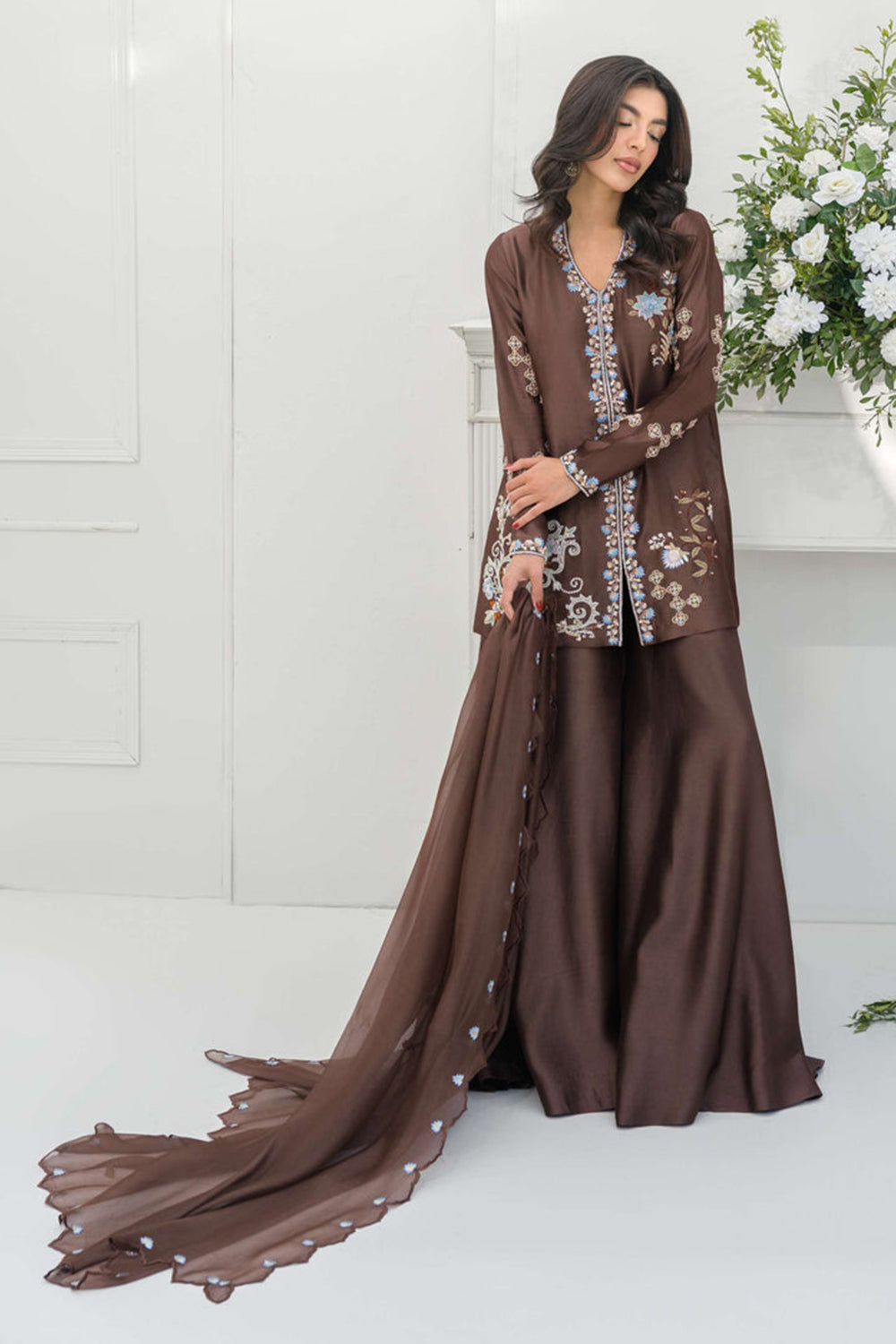 Brown Silk Embroidered Kurta Sharara Suit Sets