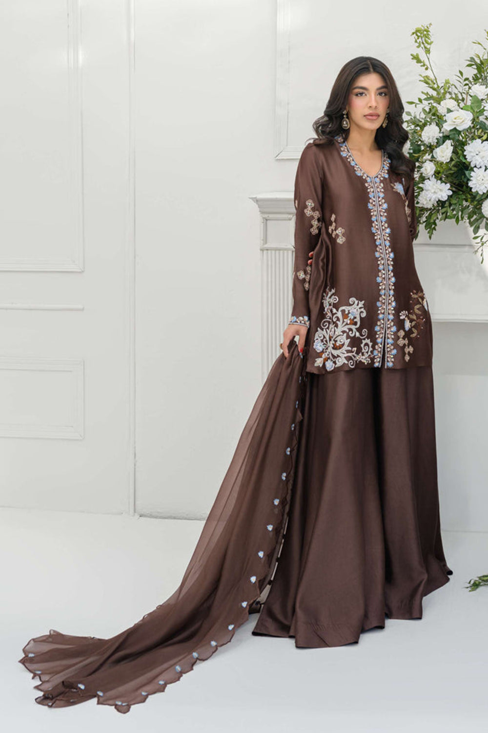 Brown Silk Embroidered Kurta Sharara Suit Sets