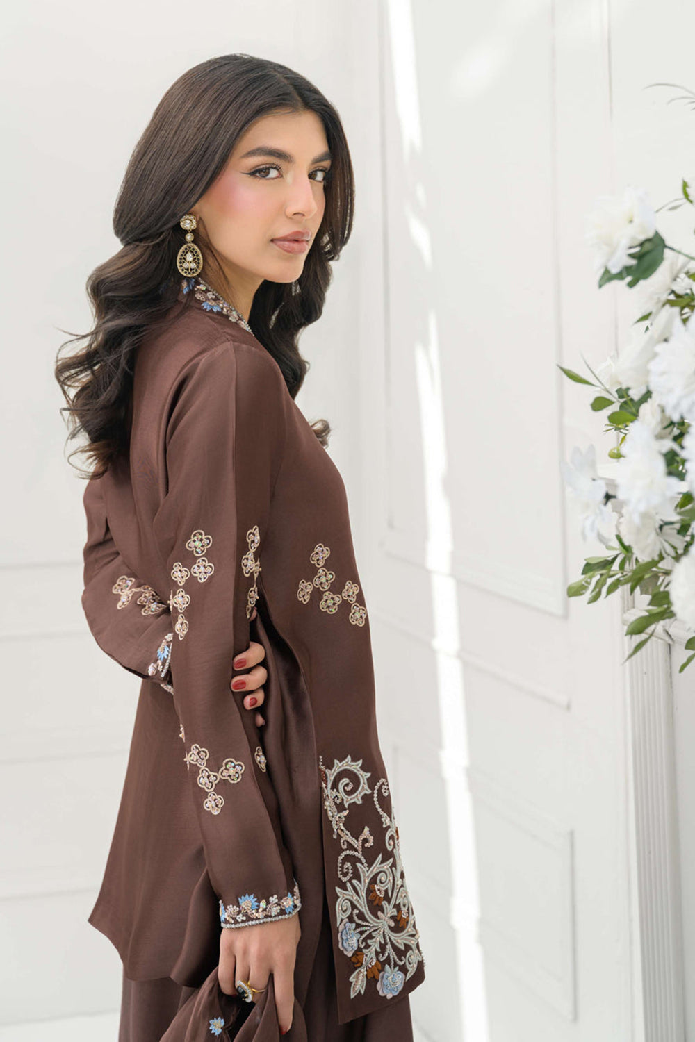 Brown Silk Embroidered Kurta Sharara Suit Sets