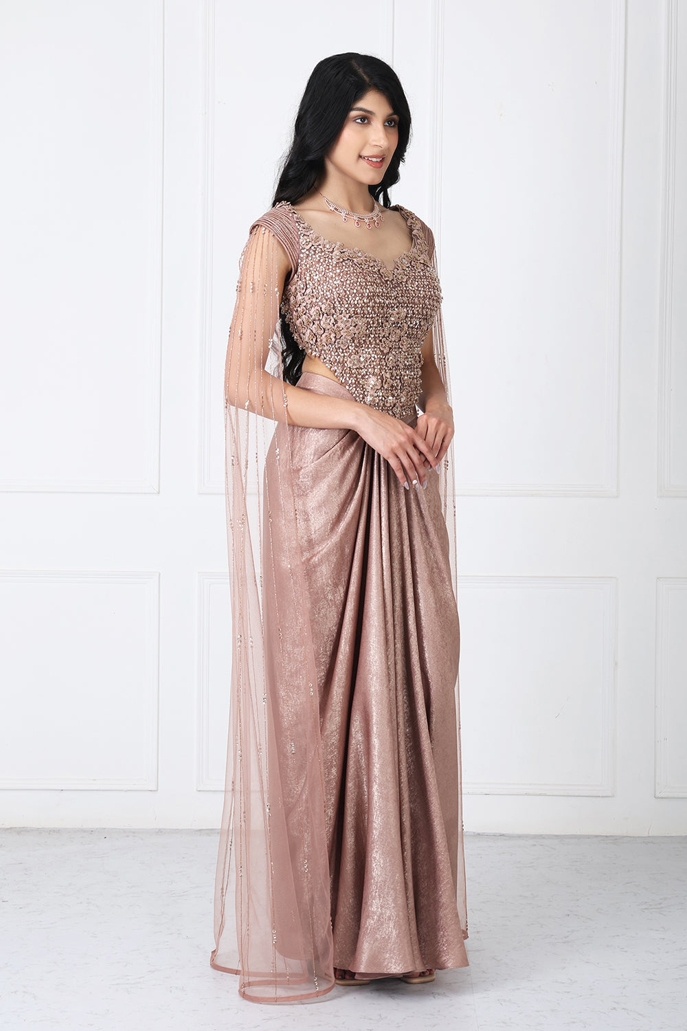 Brown Tessal Embroidered Corset With Drape Skirt