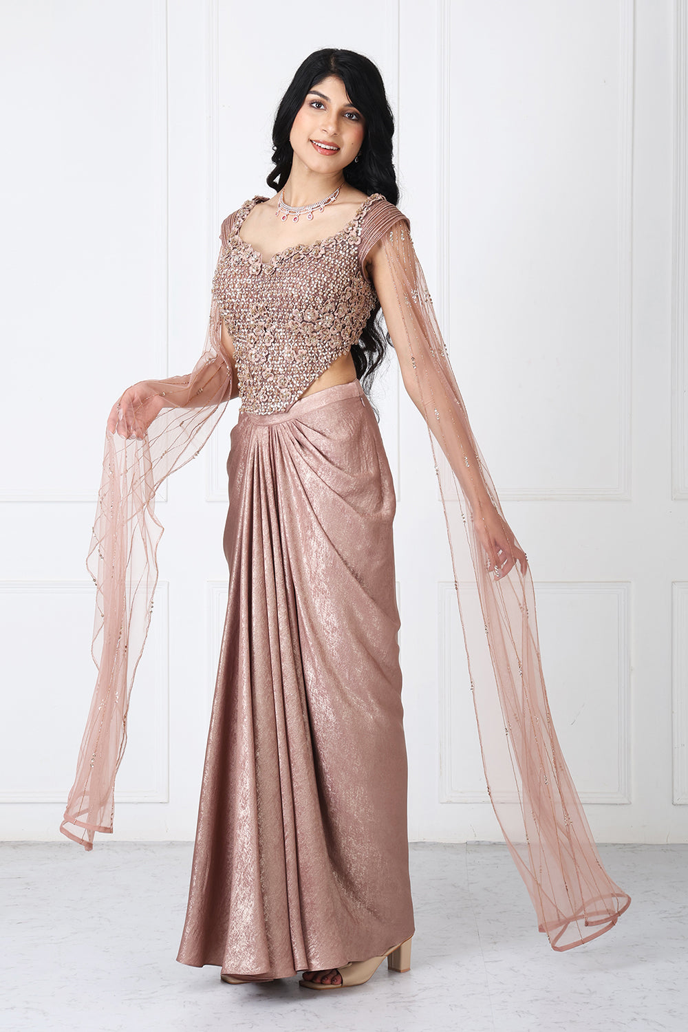 Brown Tessal Embroidered Corset With Drape Skirt