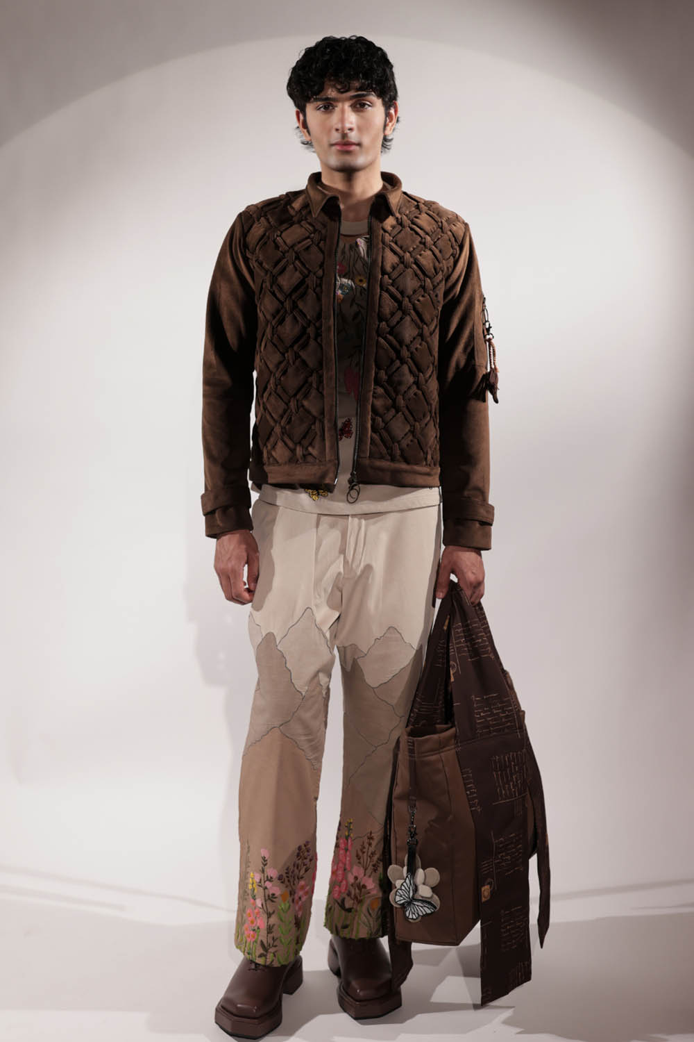Brown woven suede jacket with statement back pocket detailing