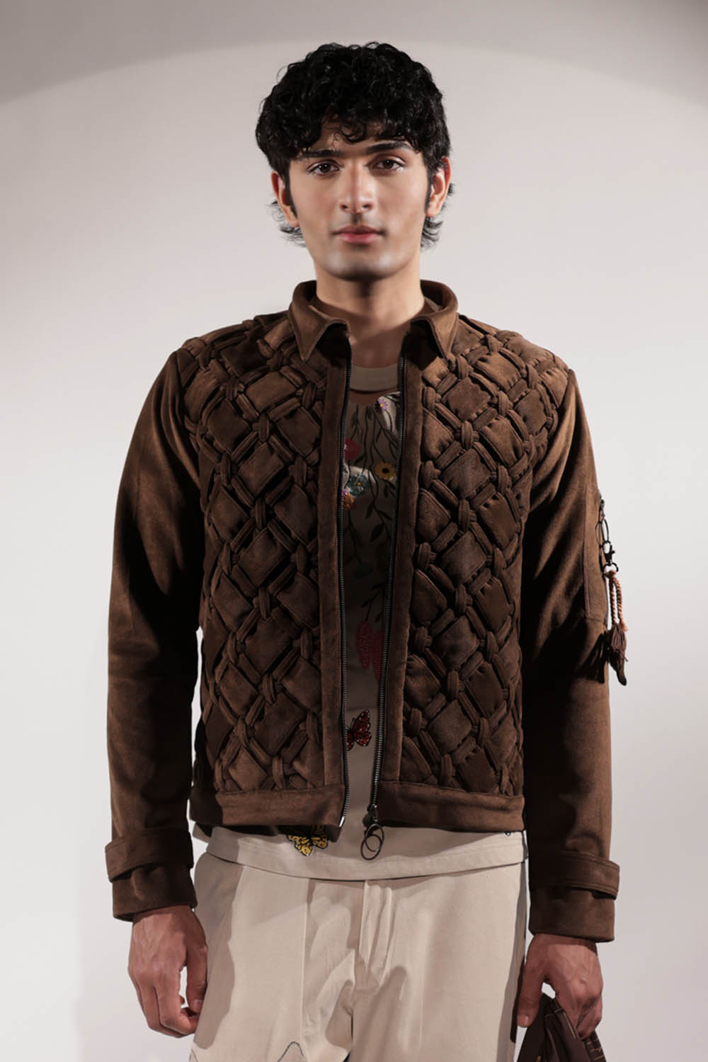 Brown woven suede jacket with statement back pocket detailing