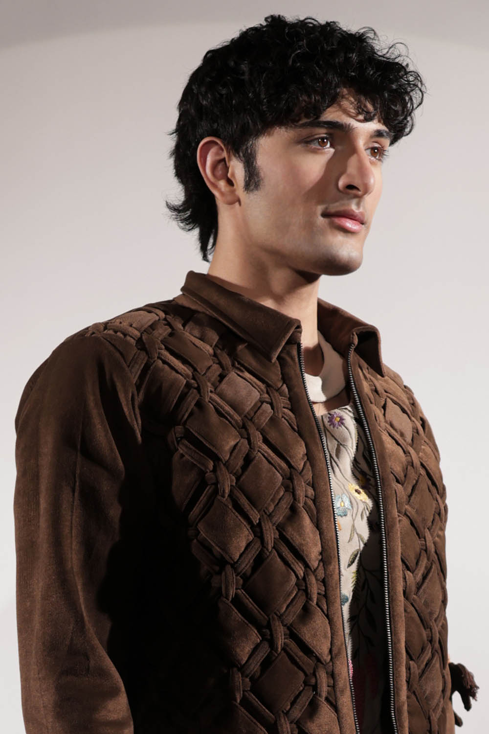 Brown woven suede jacket with statement back pocket detailing