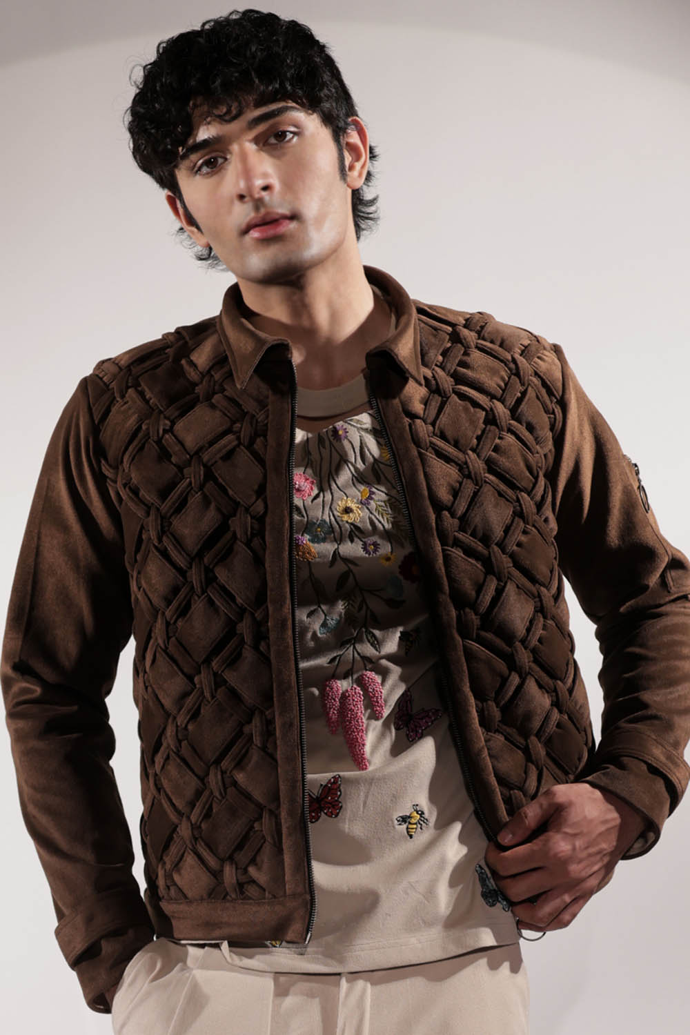 Brown woven suede jacket with statement back pocket detailing
